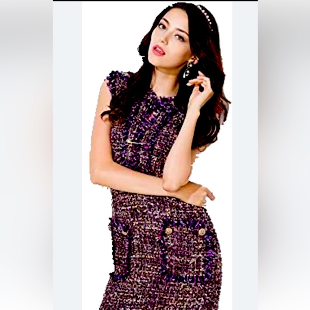 Long sleeve tweed jacket, with sleeveless tweed mini dress.